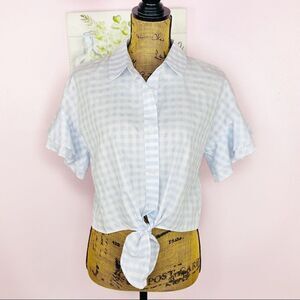 Cupcakes & Cashmere Sunnie‎ Gingham Check Ruffle Sleeve Top Blue White Small